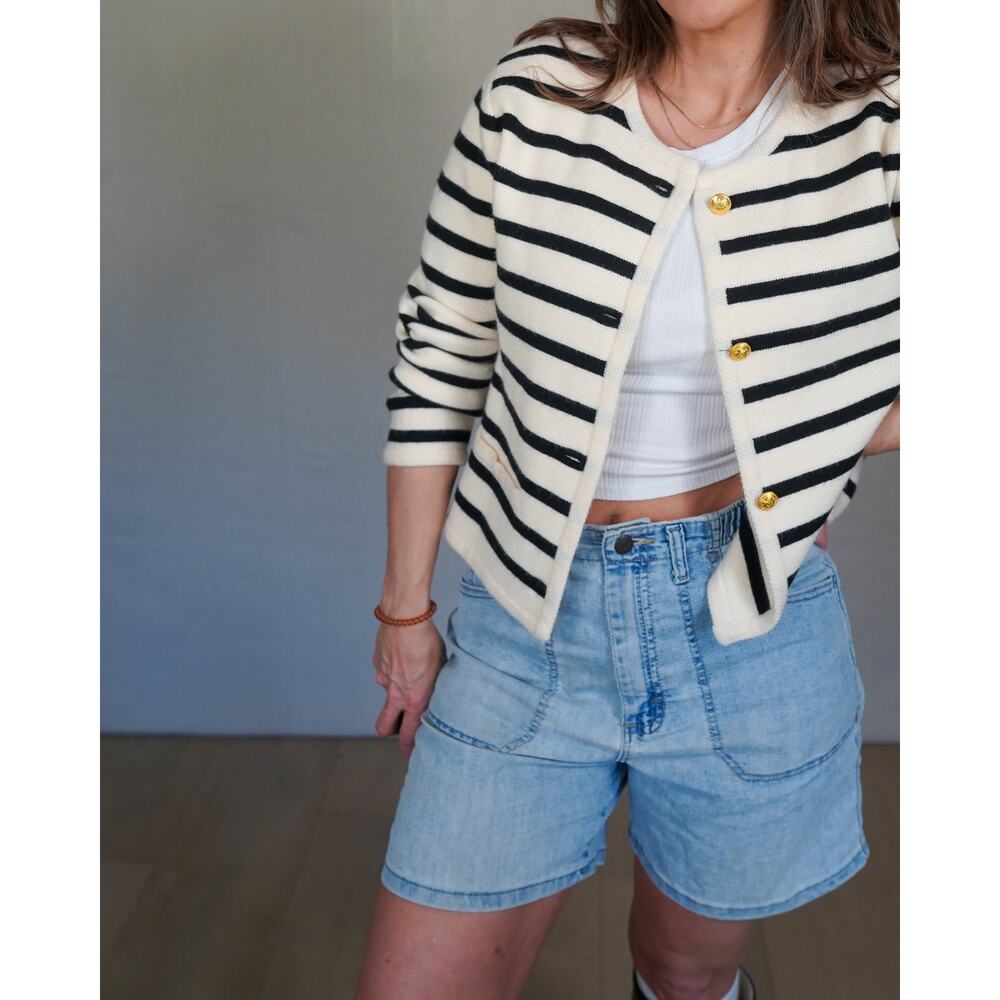 Striped Wool Blend Sailor Cardigan Fisherman core Navy Cream